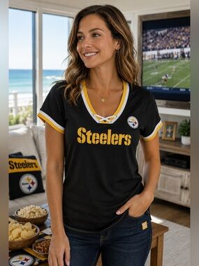 NFL For‎ Her Womens Top Size Large Black Gold White Sexy Lace Up Fitted Steelers